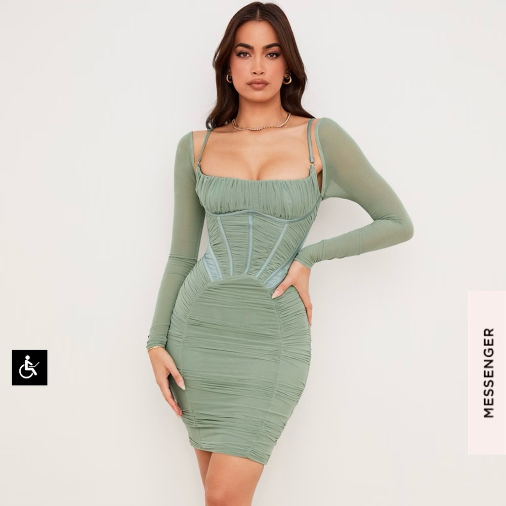 House of CB Sage Green Ruched Mesh Corset Dress